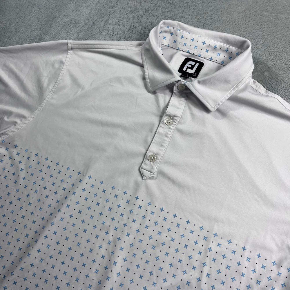 FootJoy Mens ProDry Performance Golf Polo White Blue Geometric Pattern Large